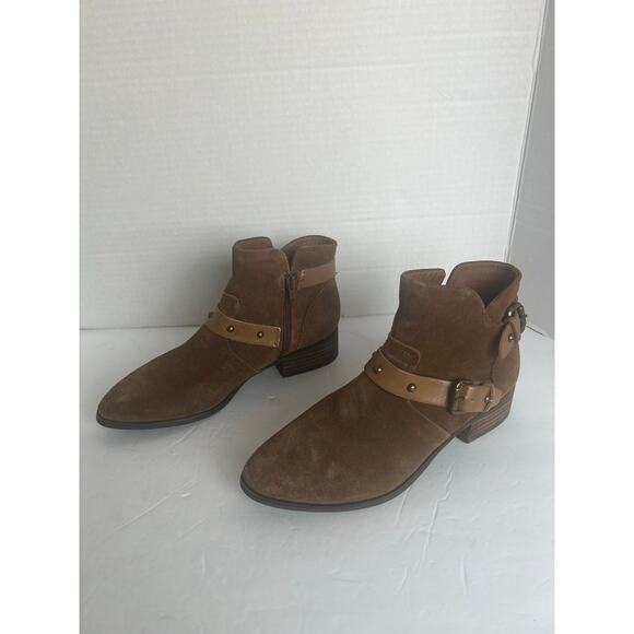 Crown Vintage Brown Leather Pointed Toe Studded Straps Block Heel Ankle Boot 8.5 - Picture 1 of 12